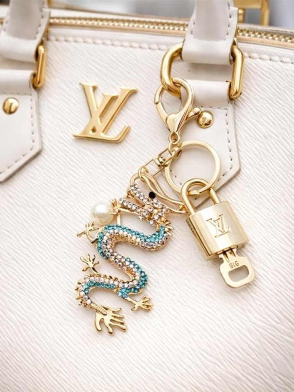 LV Gold Padlock Authentic 🔑 Luxury Bag Charm w/ Unbranded Dragon Keychain